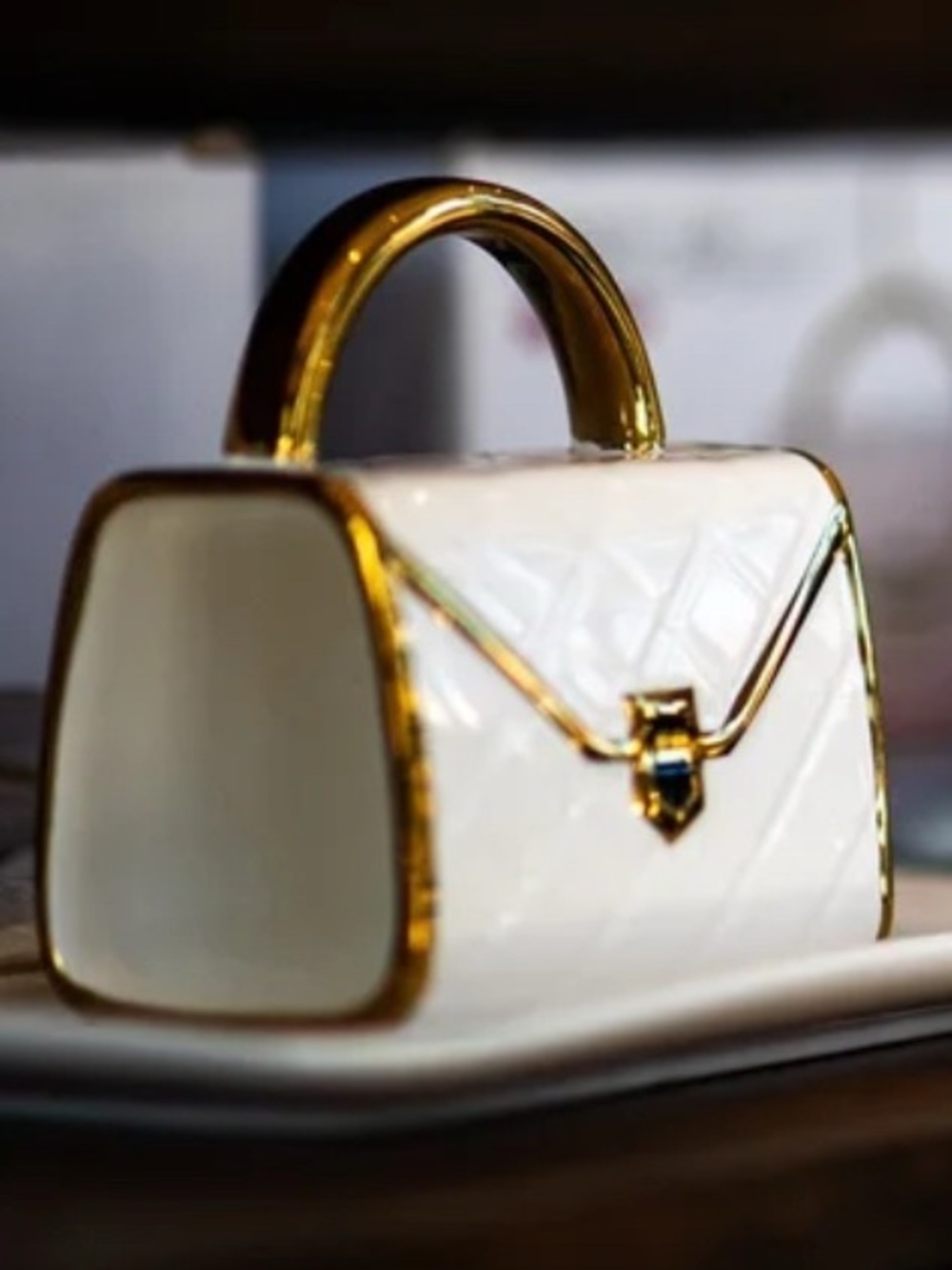White and Gold Mini Handbag-Shaped Drinking Mug & Dish with Spoon